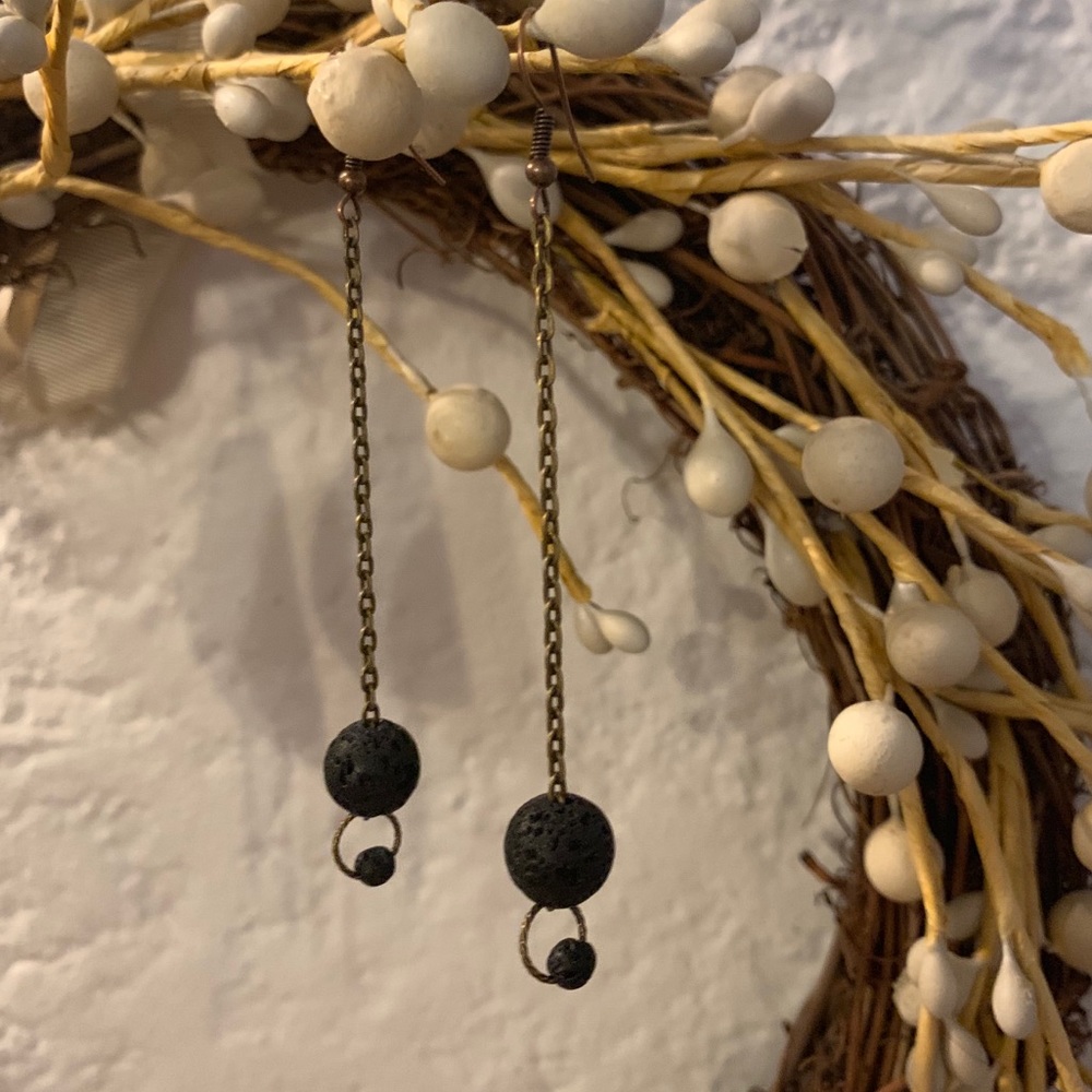Earrings black lava rock and chain